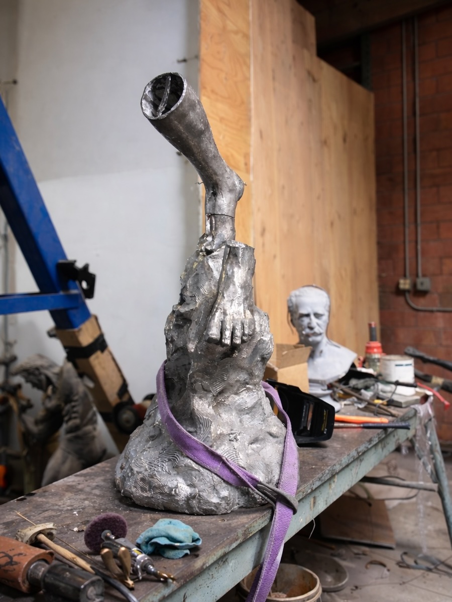 Stainless steel sculpture in fabrication — studio view of sculptor Richard Becker