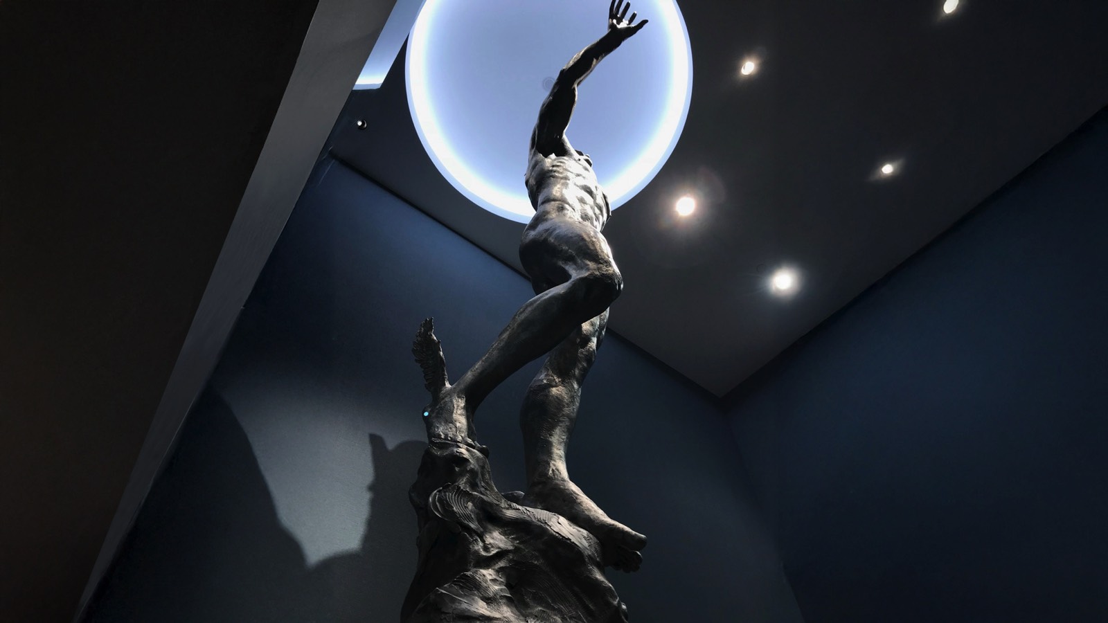 17-foot Mercury stainless steel sculpture by Richard Becker in the stairwell of the Los Angeles Athletic Club