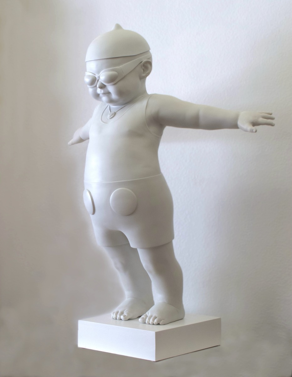 King Tot (Flying) ABS white on wood sculpture by Richard Becker