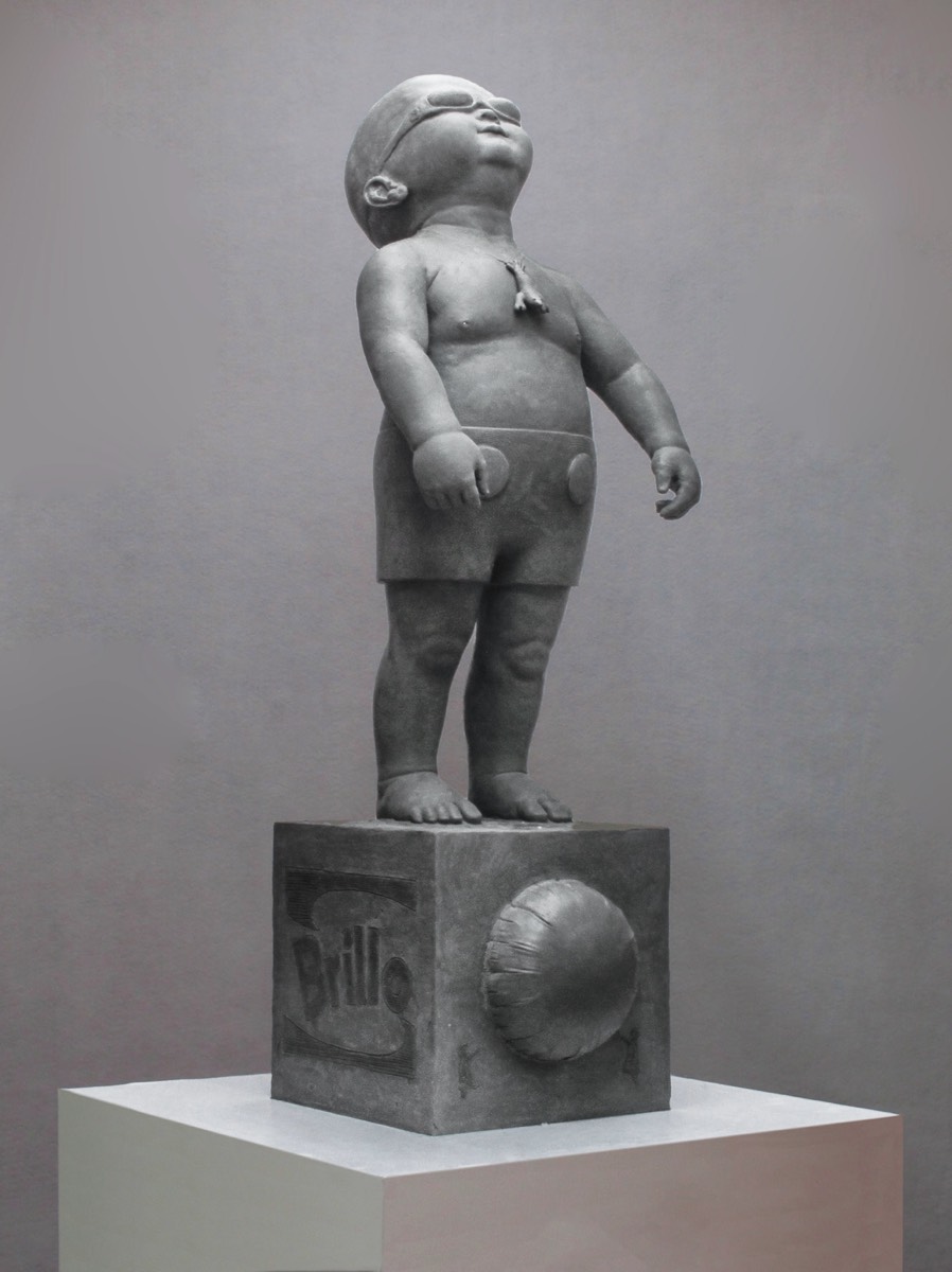 Looking Up Tot 2 figurative clay and wood sculpture study on pedestal by Richard Becker