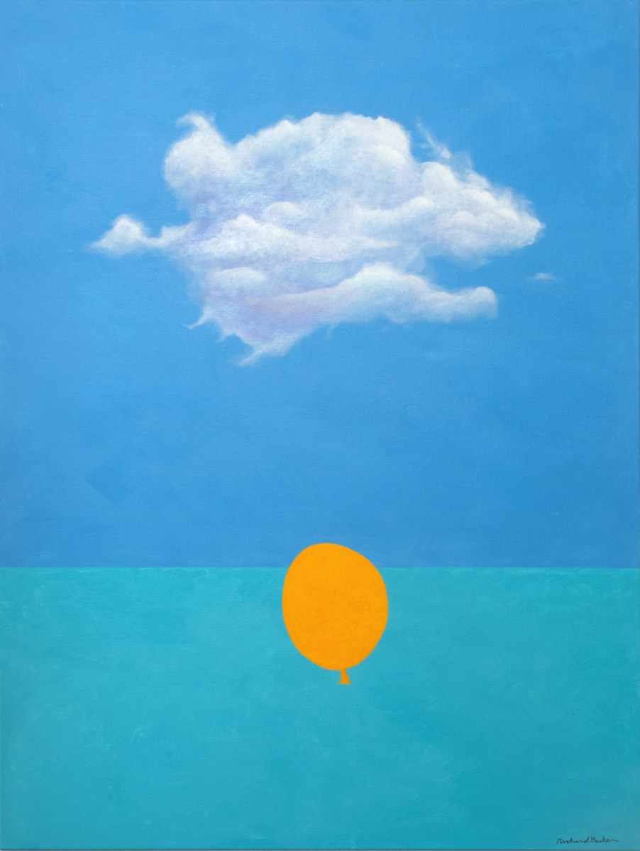 Orange Balloon acrylic on Belgian linen surrealist landscape painting by Richard Becker