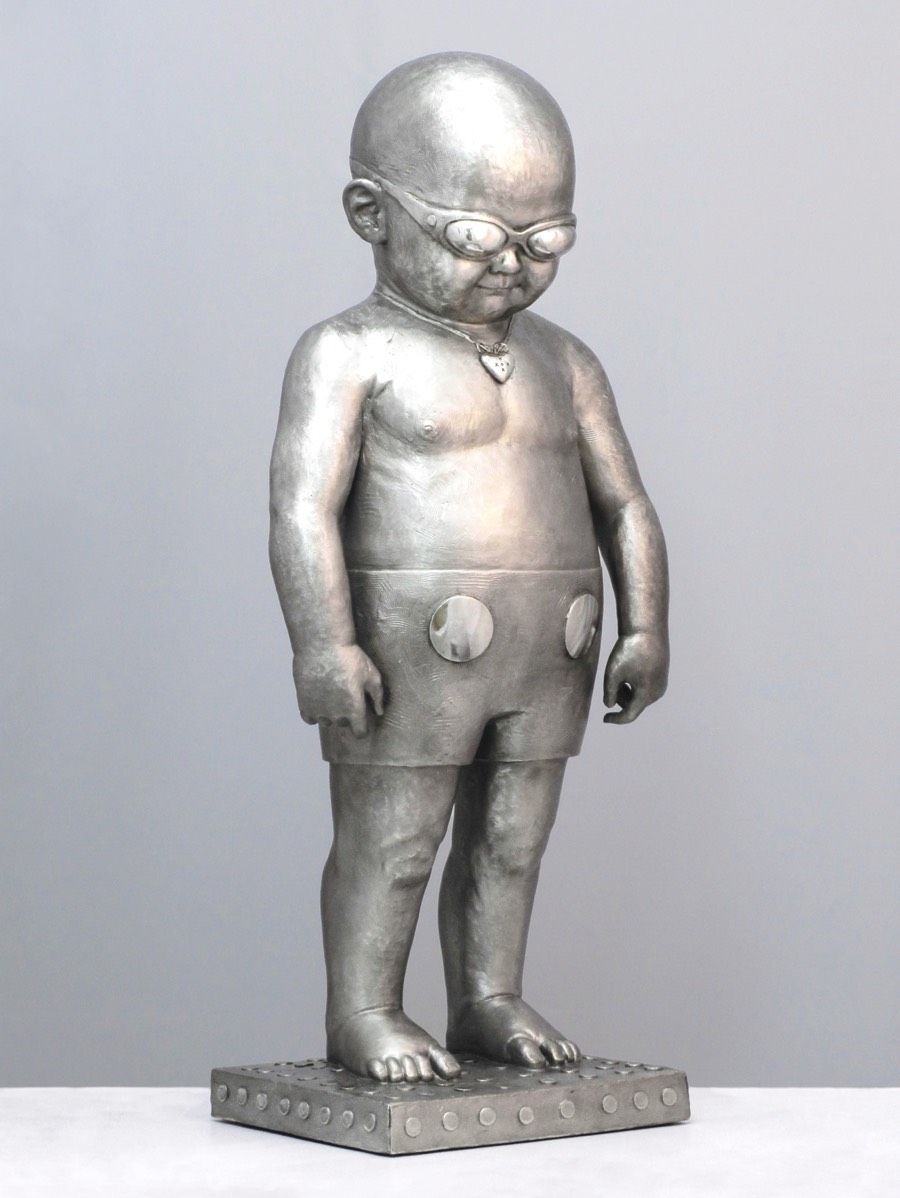 Tot figurative stainless steel sculpture with monochrome finish by Richard Becker
