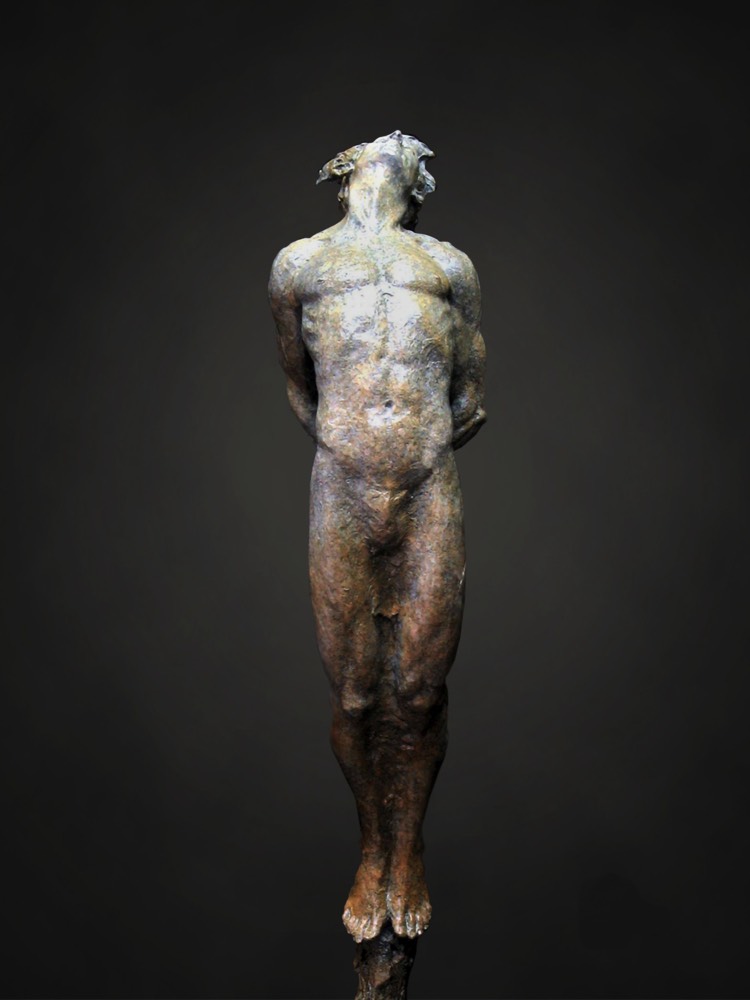 Tower elongated full-figure male figurative bronze sculpture by Richard Becker