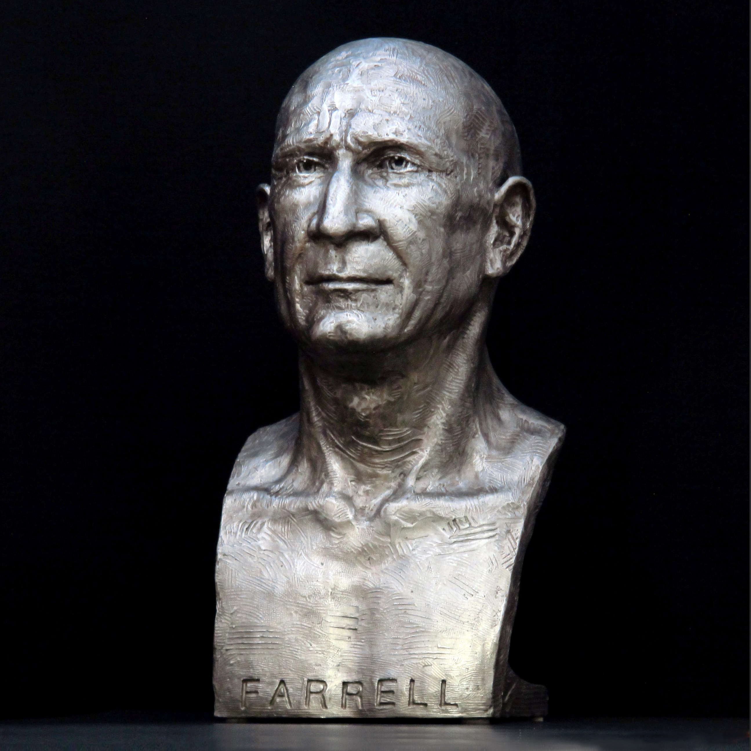 Front view. Stainless Steel custom commissoned portrait bust of Dr. Peter Farrell. ResMed HQ San Diego