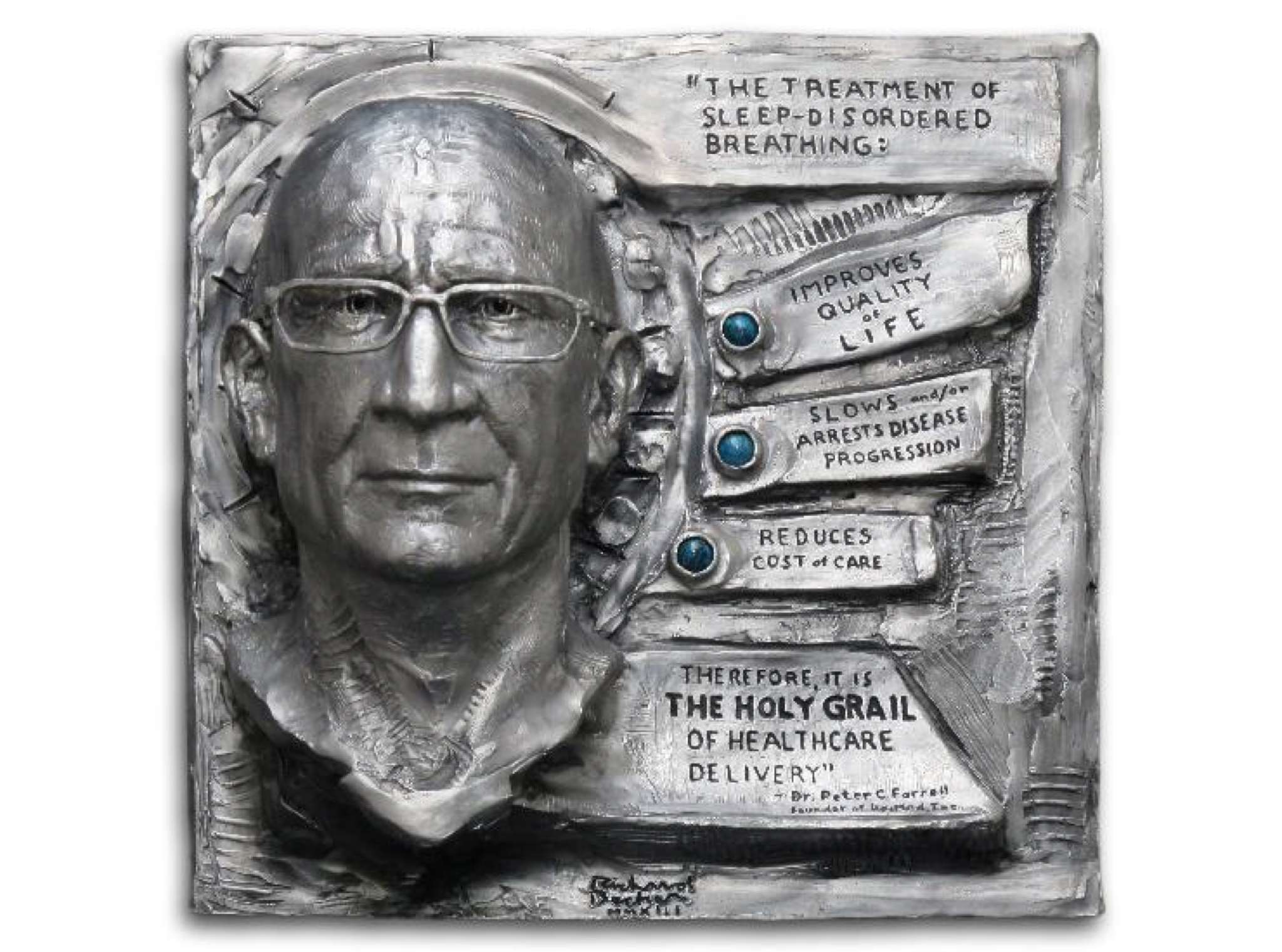 Front Plaque. Stainless Steel custom commissoned portrait bust of Dr. Peter Farrell. ResMed HQ San Diego