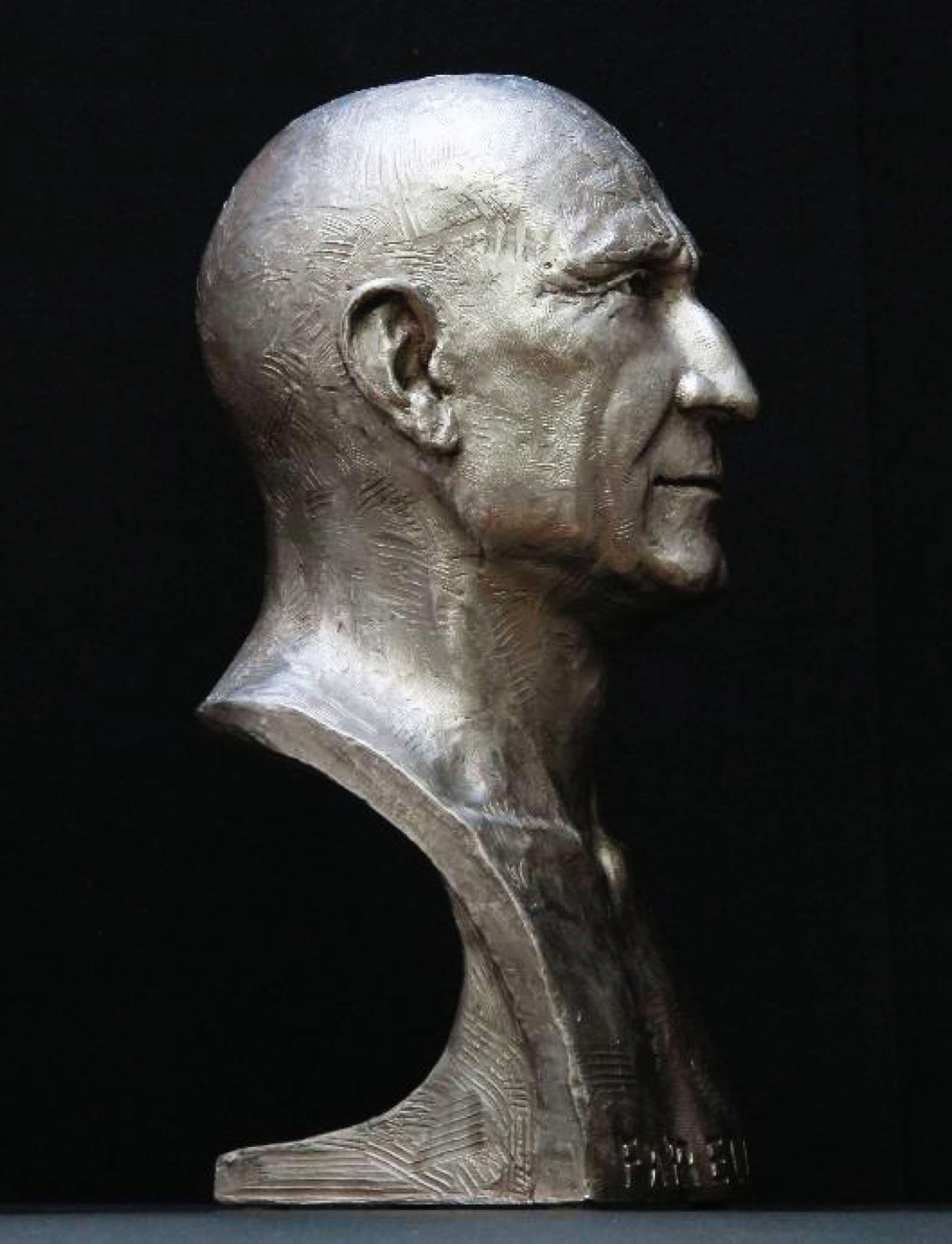 Side View. Stainless Steel custom commissoned portrait bust of Dr. Peter Farrell. ResMed HQ San Diego