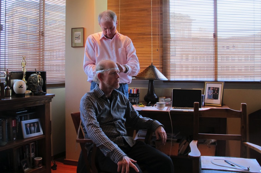 Ron Howard meeting with sculptor Richard Becker at Imagine Entertainment in Beverly Hills to discuss the portrait sculpture